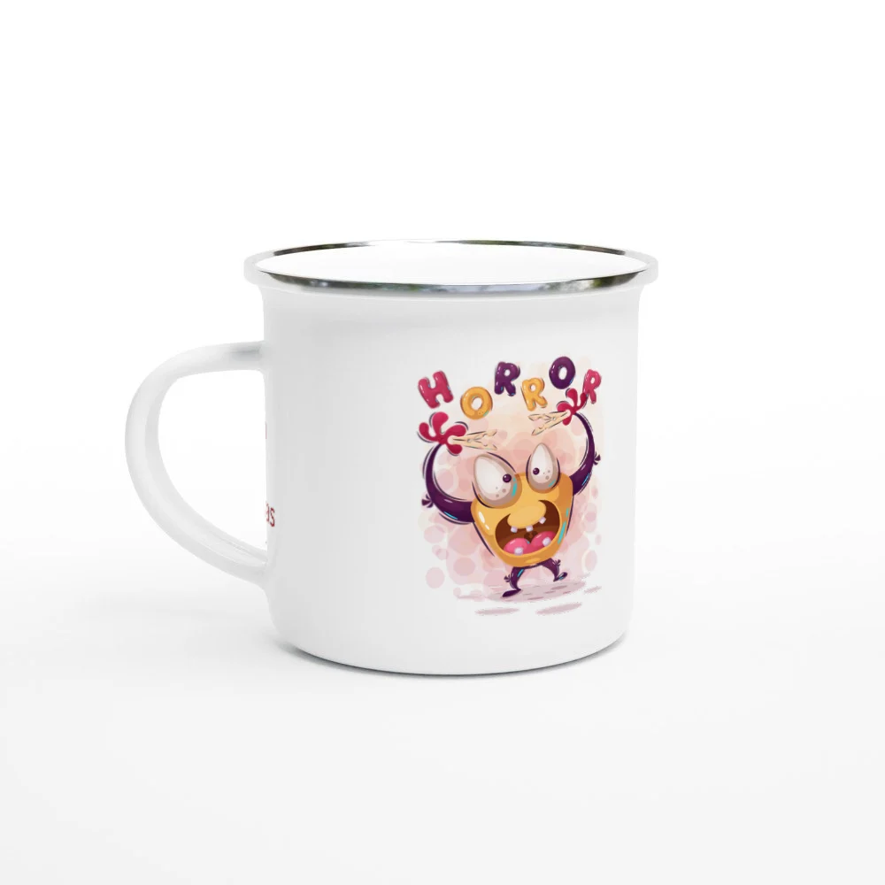Emaille-Tasse 12 oz (350 ml) „Horror – Ohne Koffein ein Monster (Emaille)“ mit Beispieltext