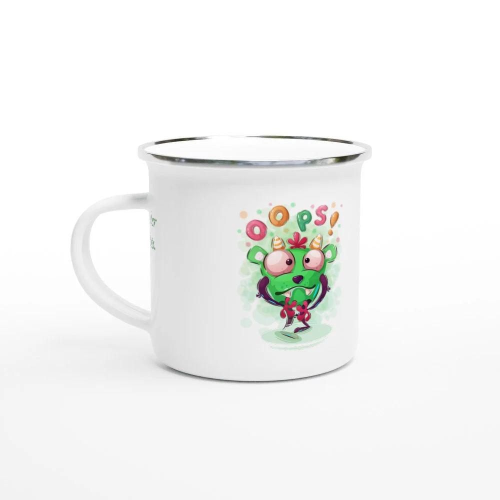 Emaille-Tasse 12 oz (350 ml) „Oops – ich hab’s schon wieder getan (Emaille)“ mit Beispieltext