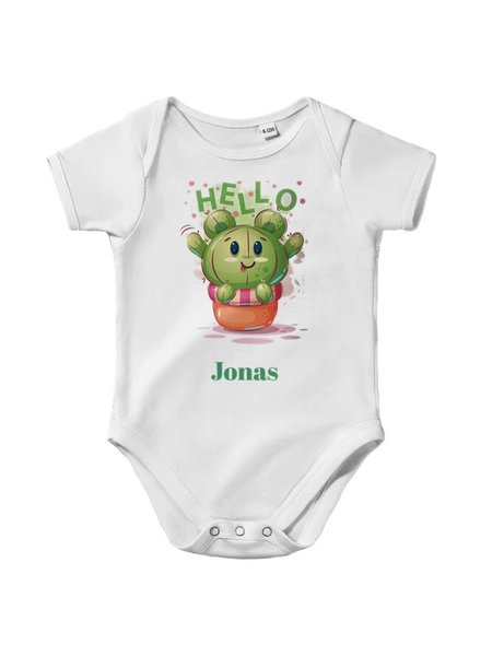 Baby Body Kurzarm Klassik „Hello Kaktus mit Namen“ mit Beispieltext