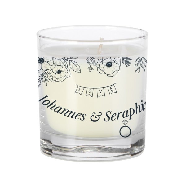 Duftkerze im Glas · Posh Candle „Hochzeitskerze – Blumenranke hell“ mit Beispieltext